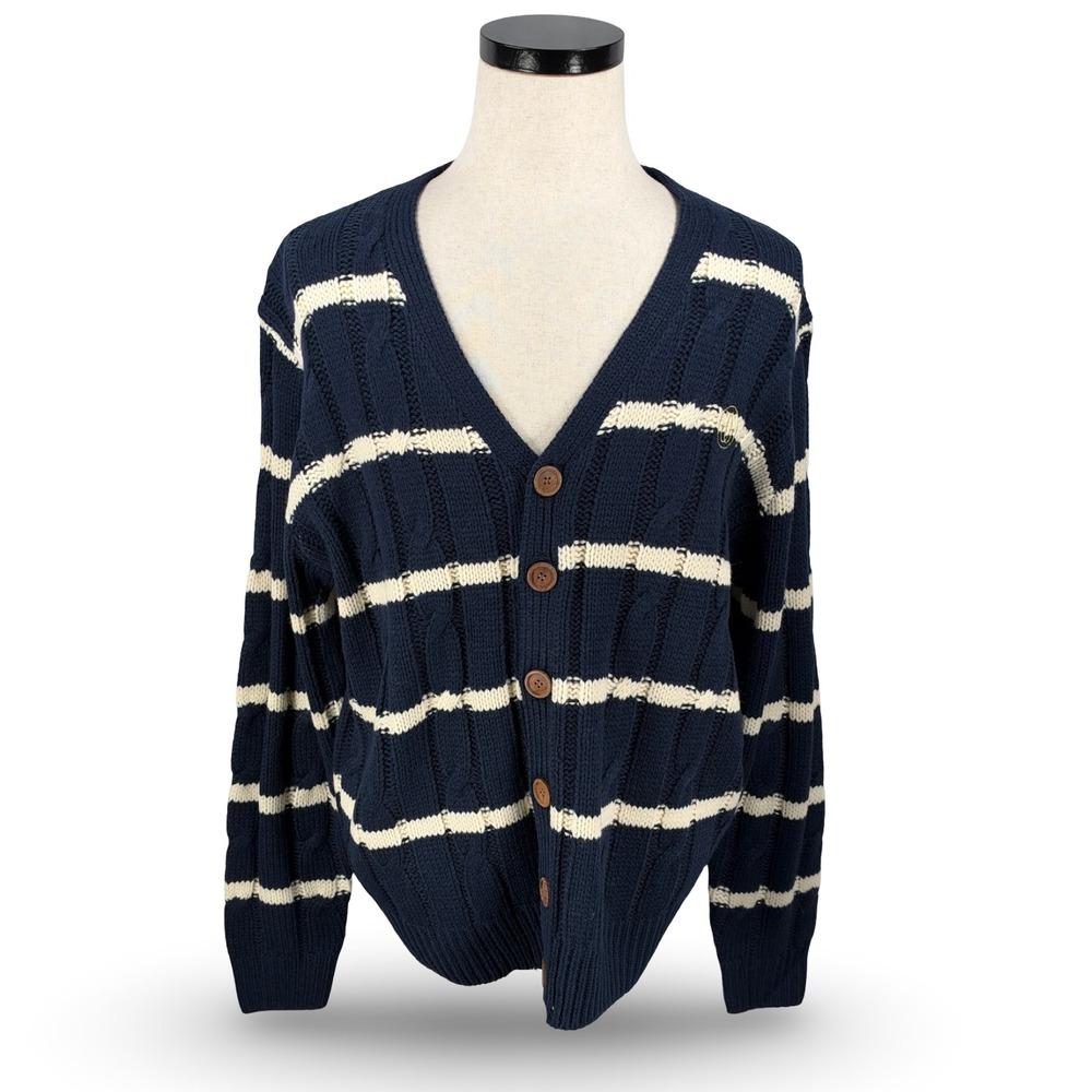Golf Wang Mens Navy Blue Cream Striped Cable Knit Cardigan Medium Tyler Creator